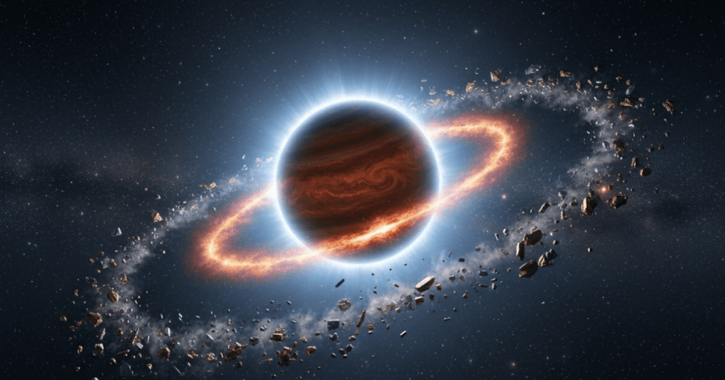 Artist impression of a gas giant second-generation planet orbiting a hot white dwarf and losing atmosphere toward the star.