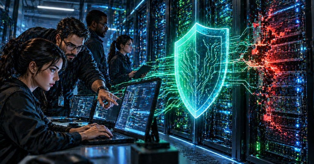 Conceptual cyber defense scene showing a security team protecting server racks from malicious traffic; original editorial illustration, not a live attack.