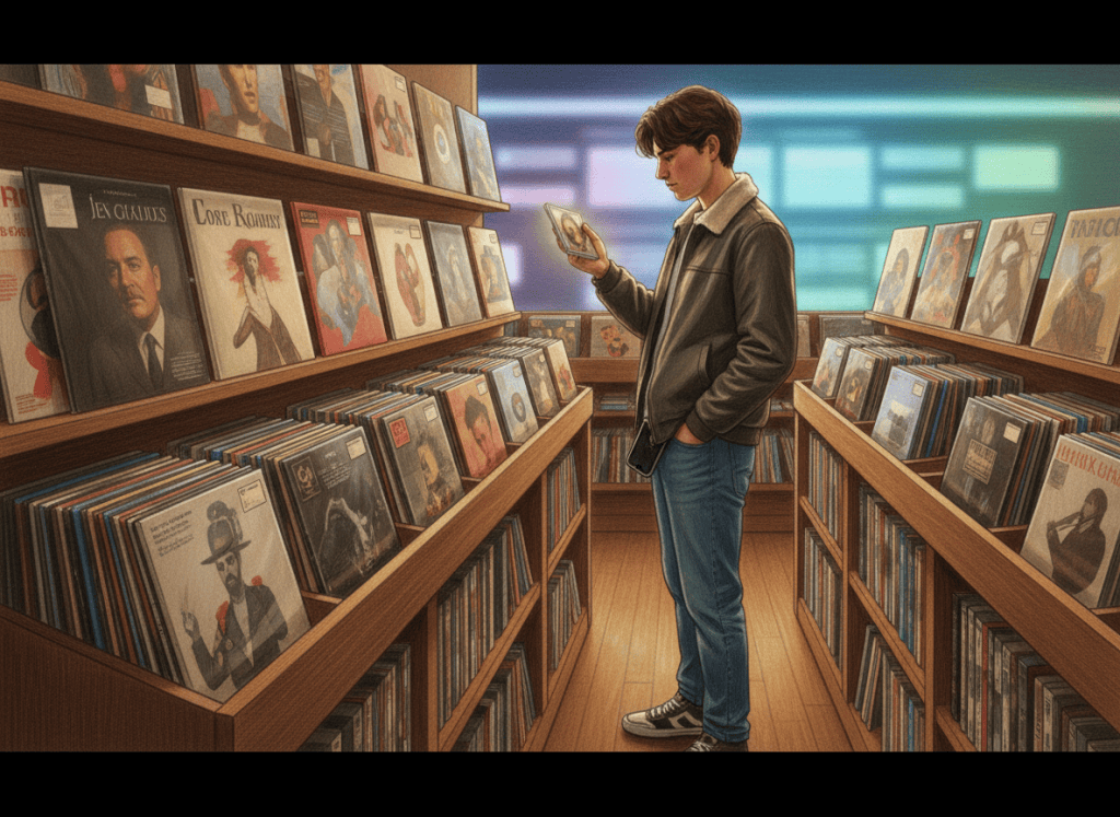 Young media collector browsing CDs, vinyl records and DVDs in an independent shop as physical media returns in 2026.