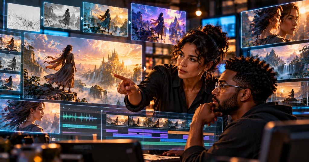 Editorial photo-anime blend showing a curly-haired female video director and Black male editor reviewing animated fantasy video frames and audio tracks in a production studio