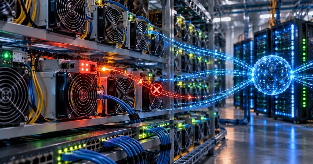 Bitcoin mining ASIC racks with one miner failing to connect to a pool, representing a reported custom firmware pool disruption.