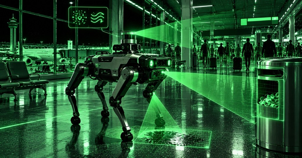 Minimal black and neon-green technical illustration of a quadruped inspection robot scanning an airport terminal for spills, air quality and operational issues.