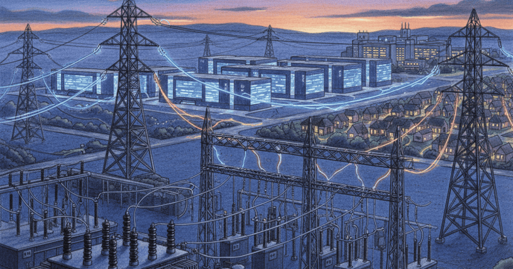 A hyperscale data center campus connected to transmission lines, substations, homes and a hospital on a regional power grid.