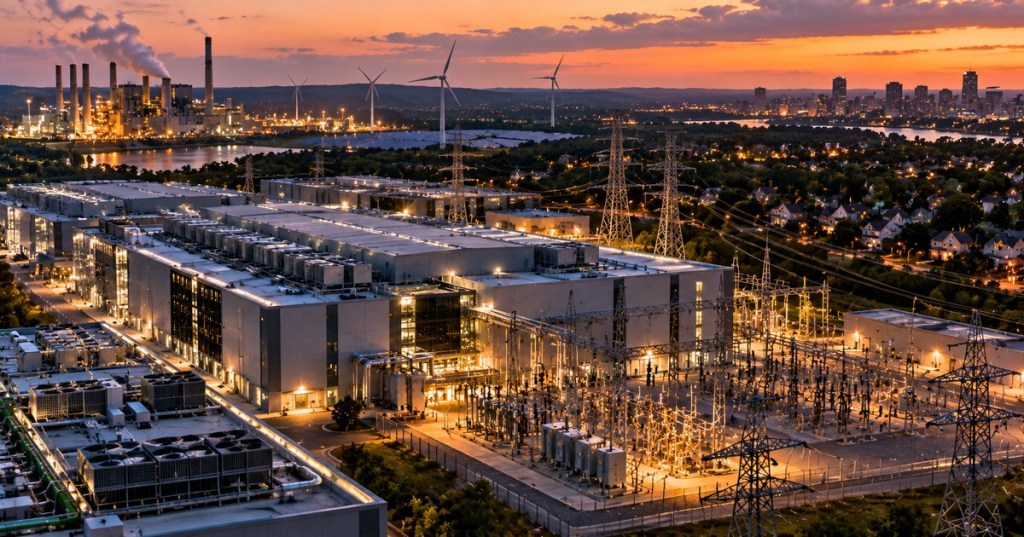 Editorial aerial image of a large data center, substation, transmission grid, power plants and nearby neighborhoods representing PJM data center electricity cost allocation.