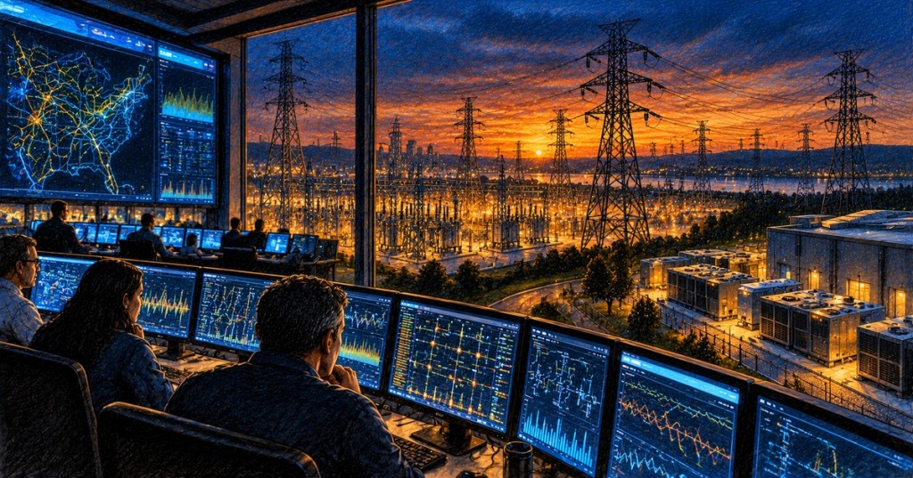 Original colored-pencil illustration of a power-grid control room monitoring transmission lines, substations and backup generators during tight system conditions.