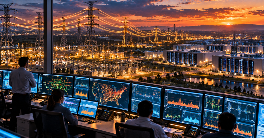 Illustration of a power-grid control room overlooking transmission lines, substations and large data centers at sunset.