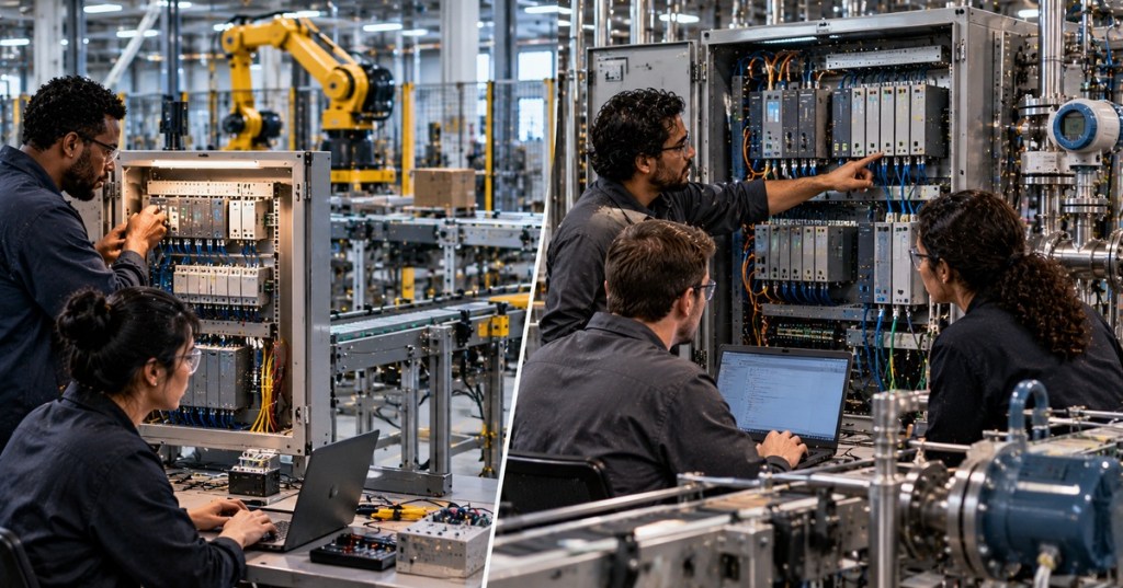 A diverse industrial automation team compares a compact PLC control cabinet with a larger multi-domain automation controller system in a modern factory.