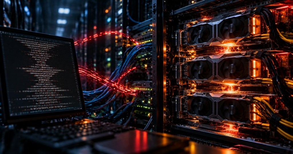 Compromised AI server racks with GPUs glowing beside a terminal and red malicious network traffic