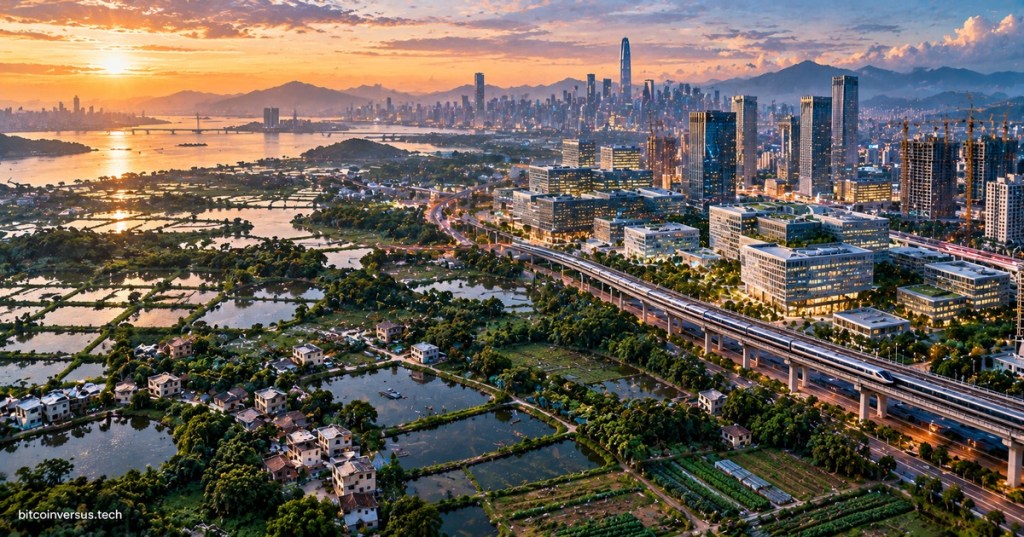 Aerial illustration of Hong Kong's Northern Metropolis transition from wetlands and villages to rail-linked technology districts