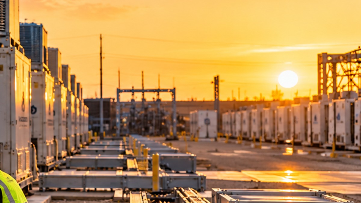 Rows of industrial mining and data-center infrastructure at sunset illustrating the power assets behind Poolin’s Texas sale.