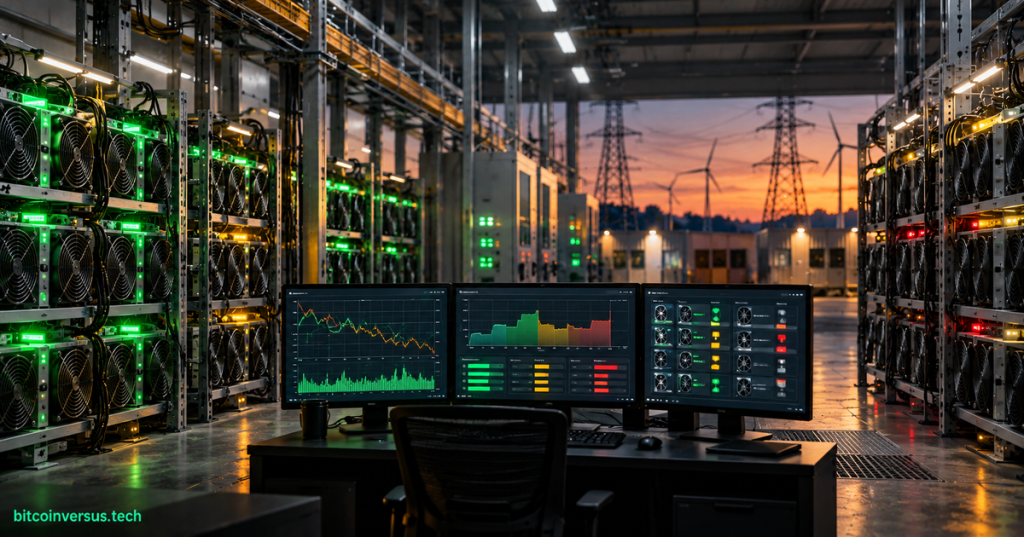 Bitcoin mining racks and a control dashboard connected to power-grid infrastructure, illustrating automated energy-aware fleet optimization