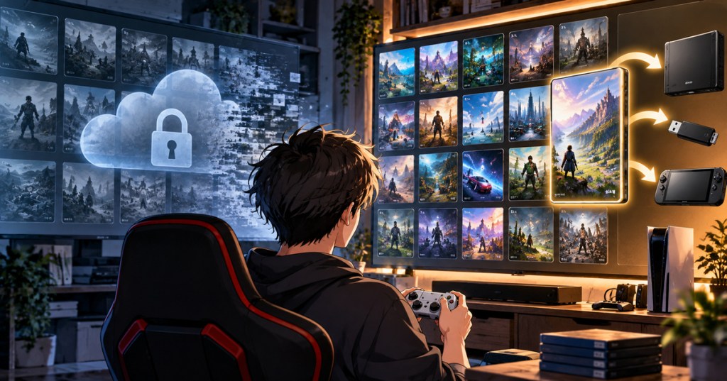 Anime-style editorial artwork showing a gamer moving from a locked cloud-based game library toward a permanent transferable game archive.