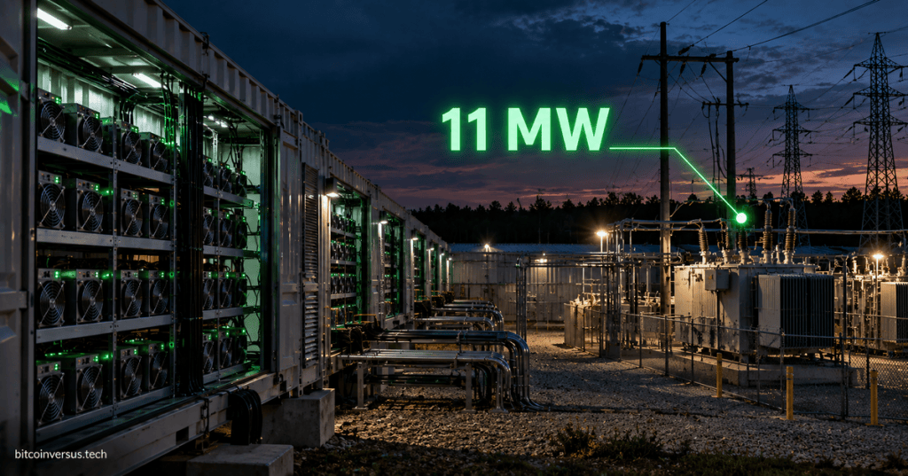 Bitcoin mining containers and electrical substation at dusk with an 11 MW callout representing PowerCompute's expanded contracted power in Columbus, Mississippi.