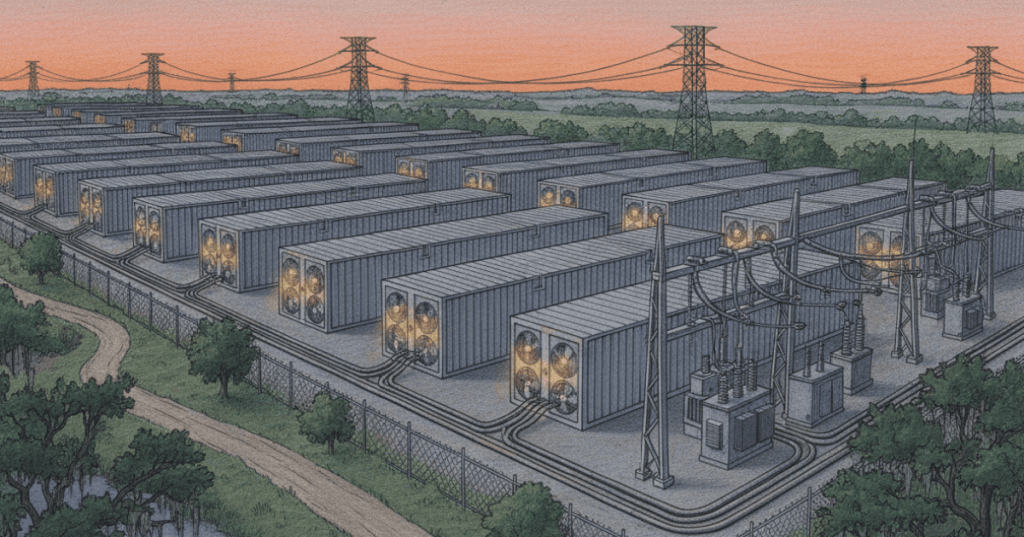 Bitcoin mining data center connected to utility substation and transmission infrastructure in Mississippi.