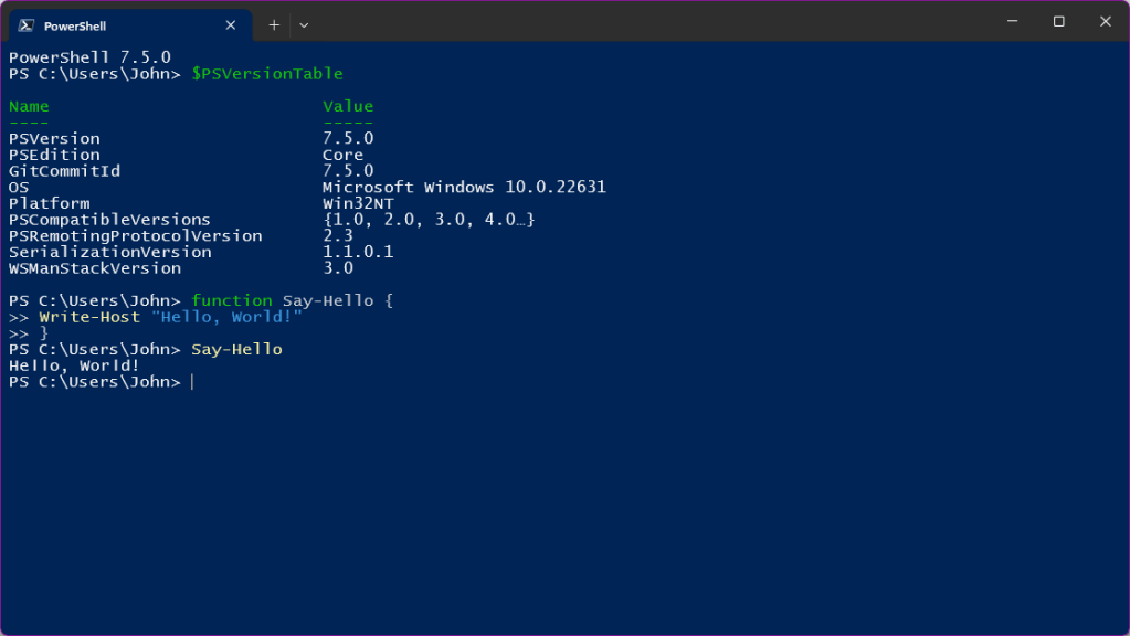 PowerShell 7.5 Core running in Windows Terminal on Windows 11
