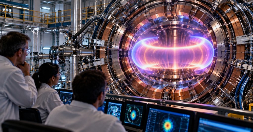 Researchers monitor a glowing tokamak-style fusion plasma inside a high-energy physics laboratory.