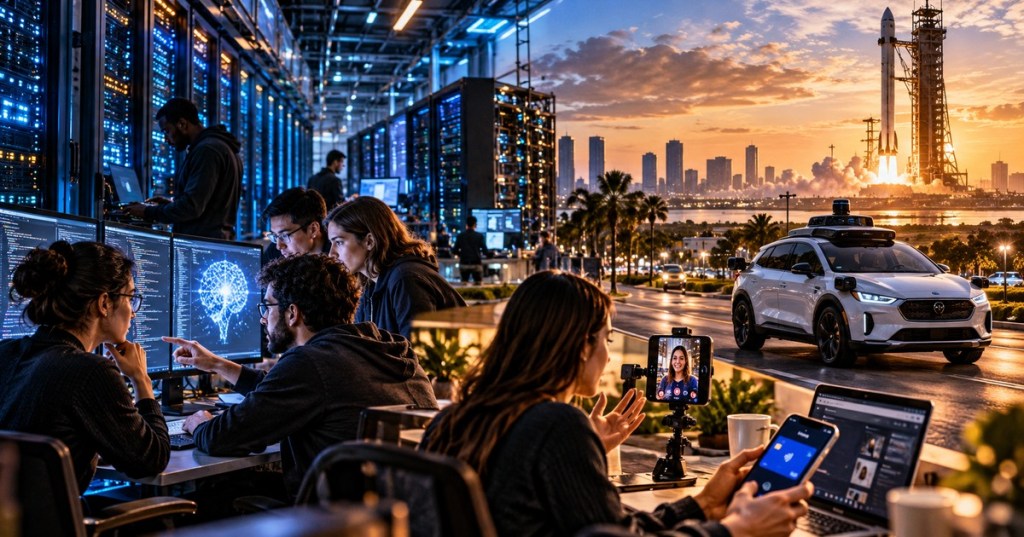Editorial collage of AI data centers, technology teams, space rocket, digital payments and an autonomous vehicle.