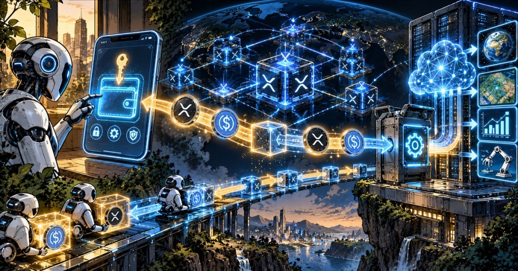 Wordless comic illustration showing an AI agent using an embedded wallet to send XRP Ledger payments through x402 to unlock paid APIs and digital services.