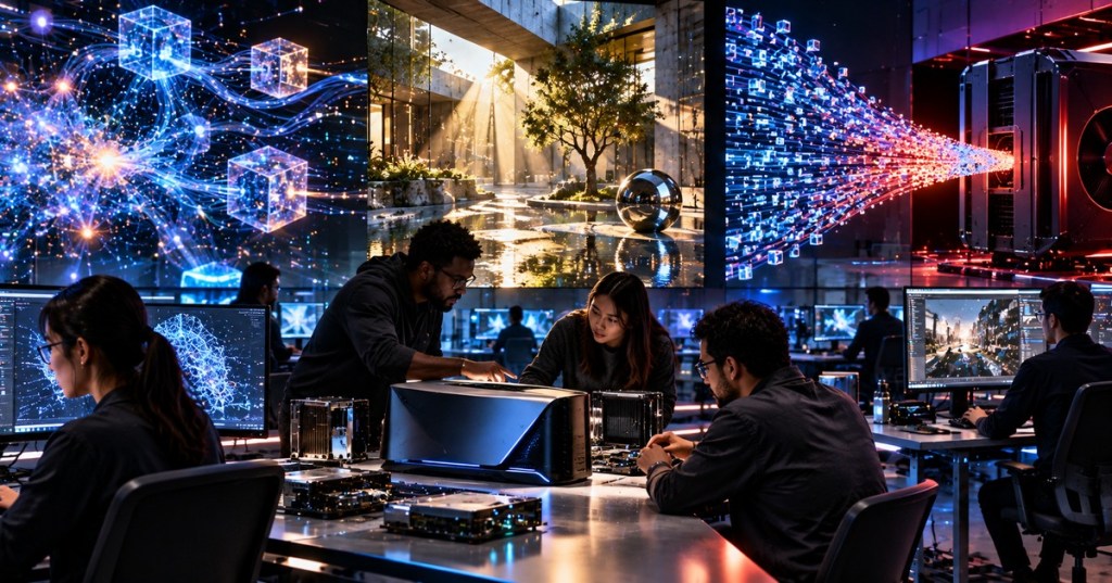 Photorealistic editorial graphics research lab representing Sony and AMD Project Amethyst, with neural rendering, ray-traced lighting and compressed GPU data flowing through futuristic development hardware.