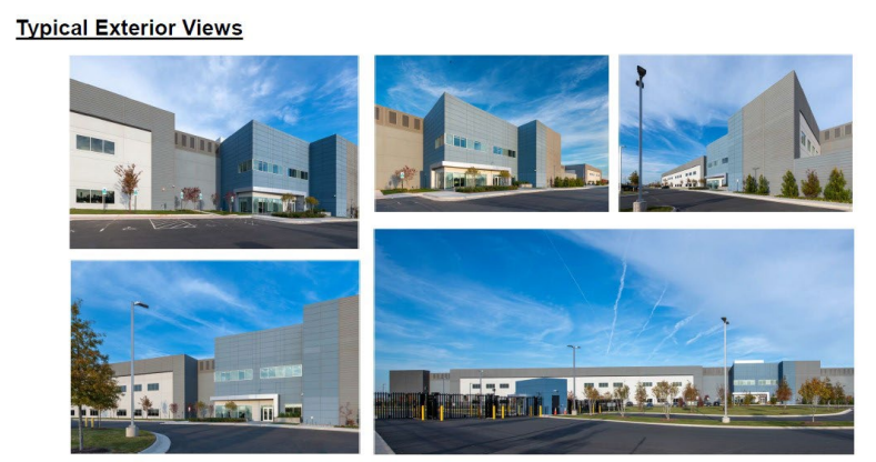 Four architectural exterior perspectives showing gray and blue data center building facades