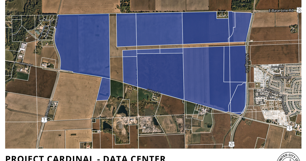 Aerial image of Project Cardinal farmland parcels near Yorkville with shaded property areas