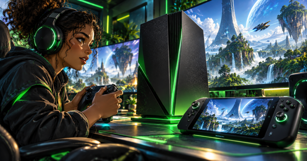 Original anime editorial cover of an Xbox-like future console and handheld beside a gamer, concept artwork not official hardware.