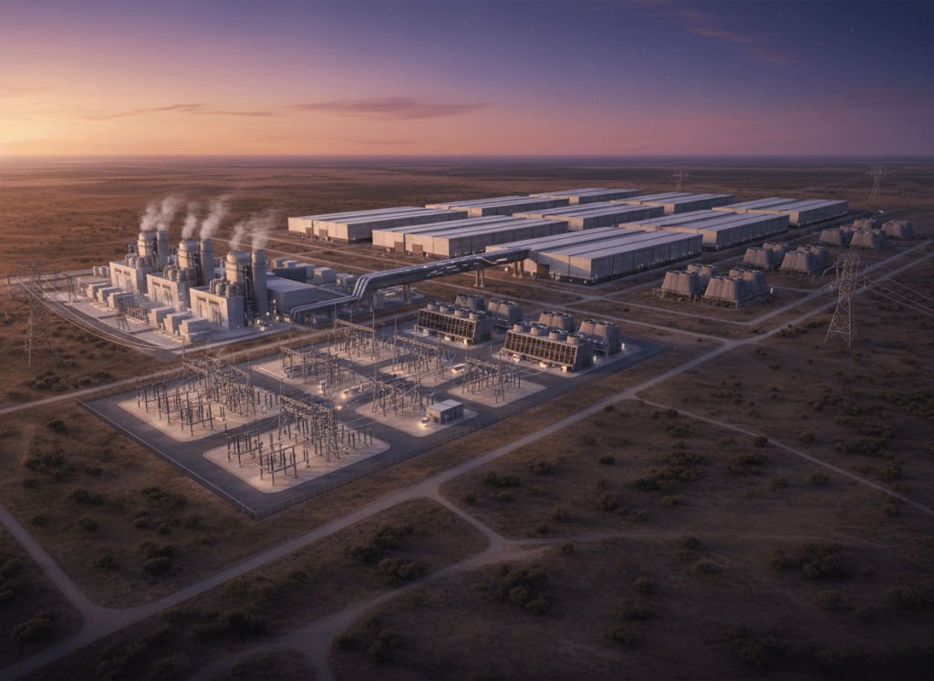 Realistic South Texas energy campus showing gas generation directly feeding a large AI data center while excess power flows to the grid.
