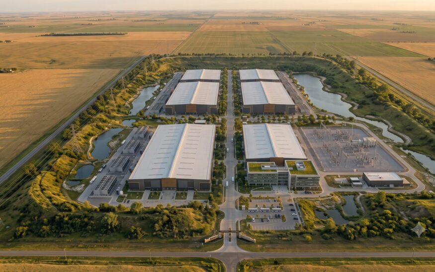 Conceptual aerial rendering of Project Thunderbird data center buildings, landscaping, access roads and power facilities in Enid