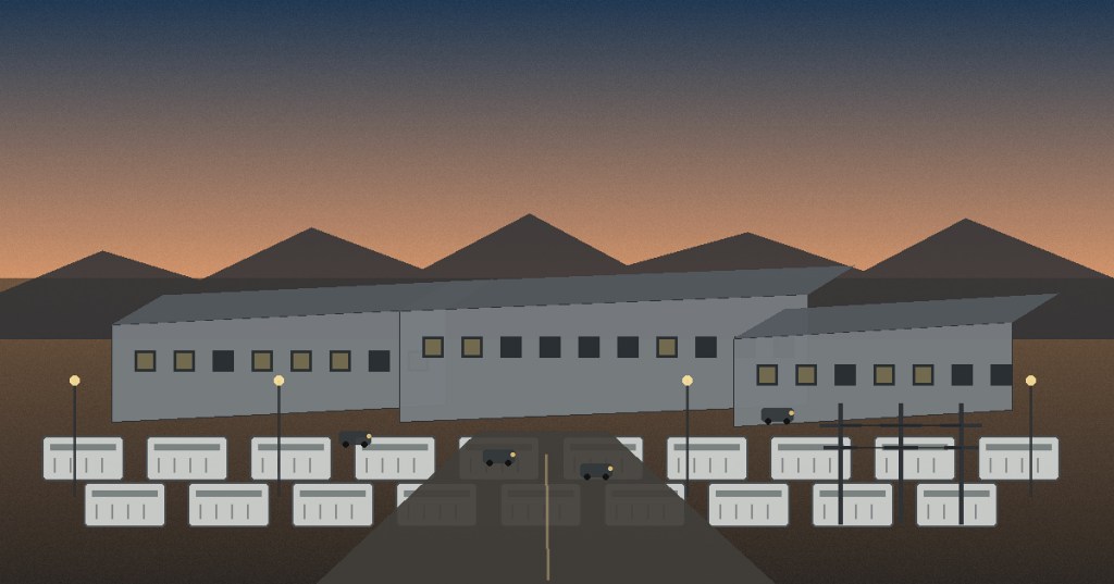Original editorial image of an AI data center and fuel-cell power infrastructure in the New Mexico desert at dusk.