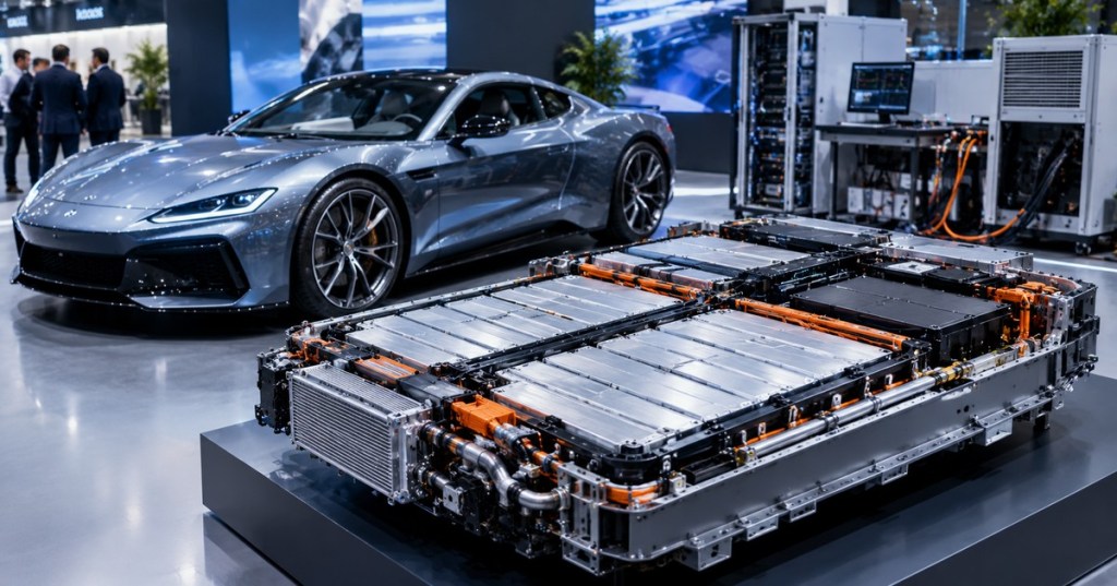 Next-generation electric vehicle battery pack displayed beside a high-performance electric car