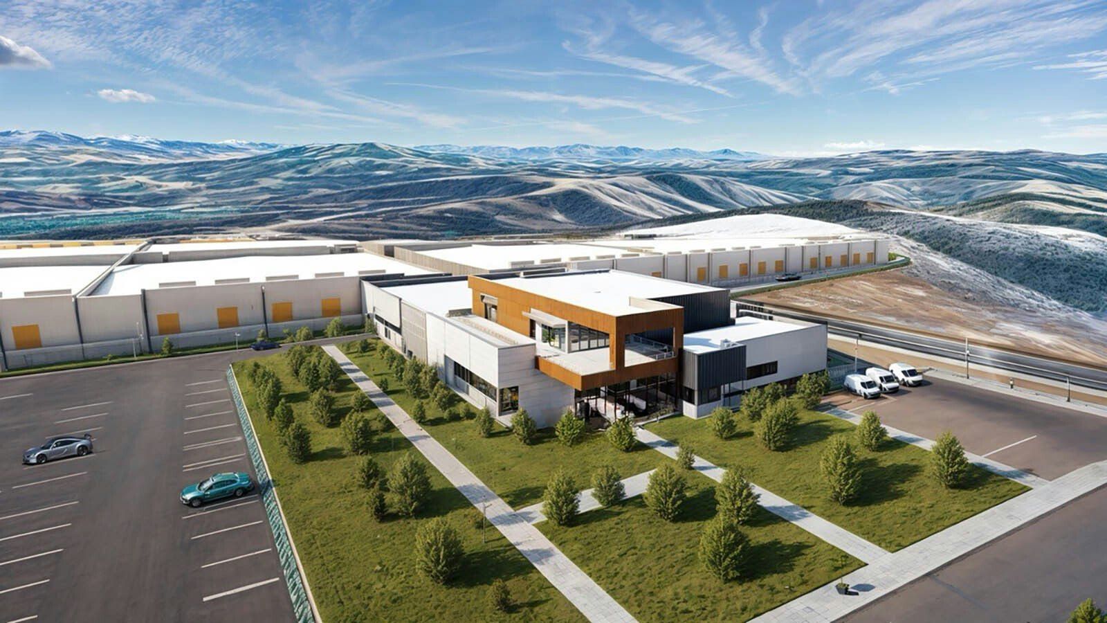 Conceptual rendering of Prometheus Hyperscale's Evanston campus set against Wyoming hills, showing large planned buildings and landscaping