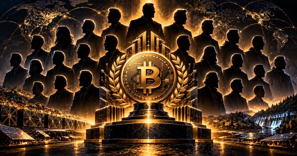 Golden Bitcoin trophy surrounded by 21 silhouettes, mining infrastructure and a global network map.