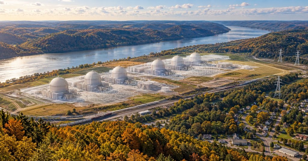Original conceptual visualization of a proposed six-reactor nuclear campus beside Kentucky's Ohio River, with rural hills, high-voltage lines and rail infrastructure; not a photograph of an existing plant