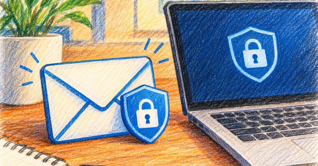 Color-pencil illustration of a secure laptop beside a protected email envelope and lock shield.