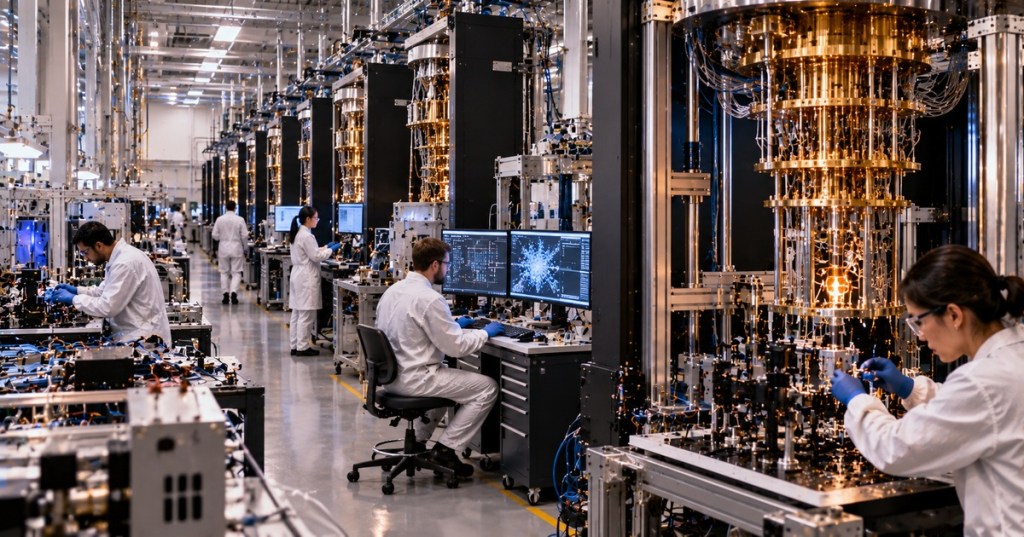 Photorealistic editorial scene inside an advanced photonic quantum-computing factory with cryogenic systems, optical hardware and engineers working in a cleanroom.