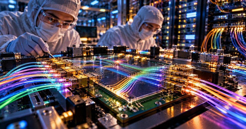 Detailed photo-anime composite of two engineers examining photonic circuits, optical fiber links and illuminated lab equipment