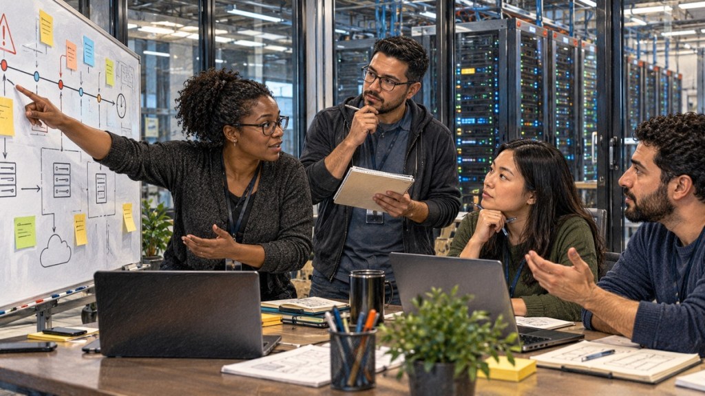 Colored-pencil illustration of a diverse technical team conducting a constructive incident review beside server racks and a whiteboard timeline.