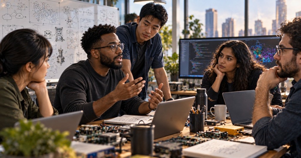 Photorealistic editorial image of a diverse technical team discussing a difficult engineering problem together in a modern lab.