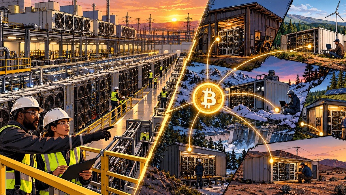 Wordless comic illustration contrasting a large public Bitcoin mining campus with smaller distributed mining sites connected across the network.