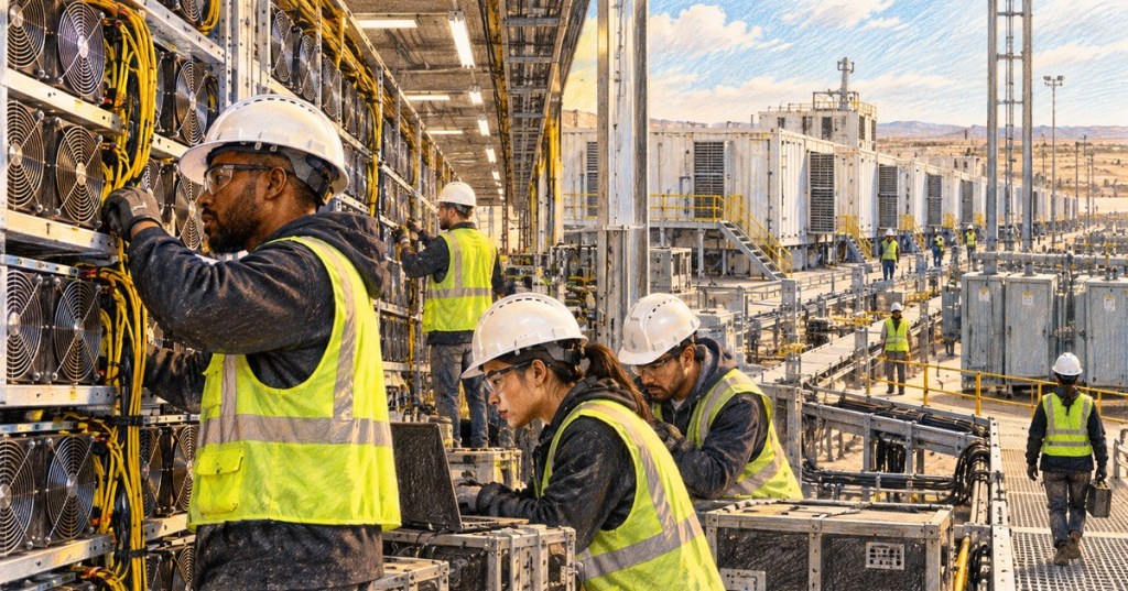 Realistic color-pencil illustration of diverse technicians operating a large Bitcoin mining facility as public companies expand their share of network hashrate.