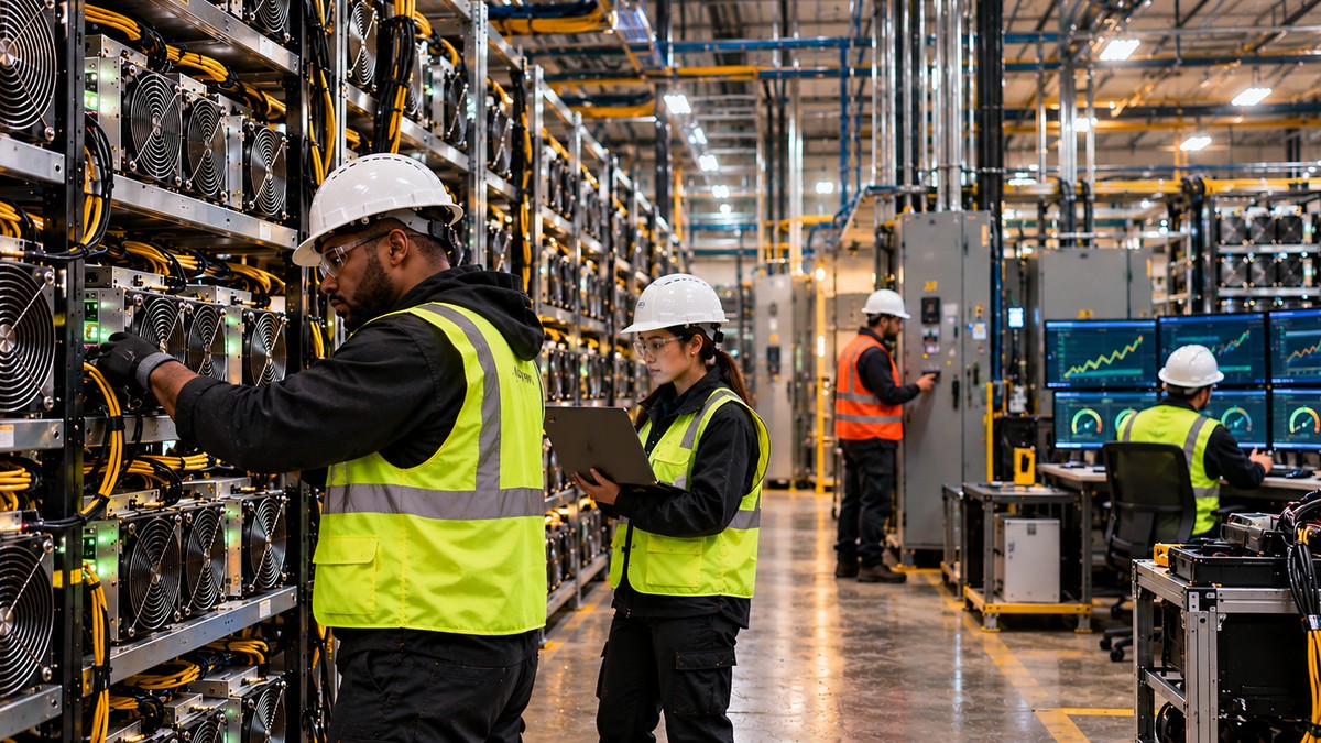Technicians work inside a large Bitcoin mining facility with ASIC racks and monitoring systems during a period of fleet reallocation.