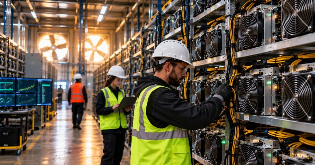 Bitcoin mining technicians inspect rows of ASIC miners as public mining capacity is retired or redirected toward AI infrastructure.