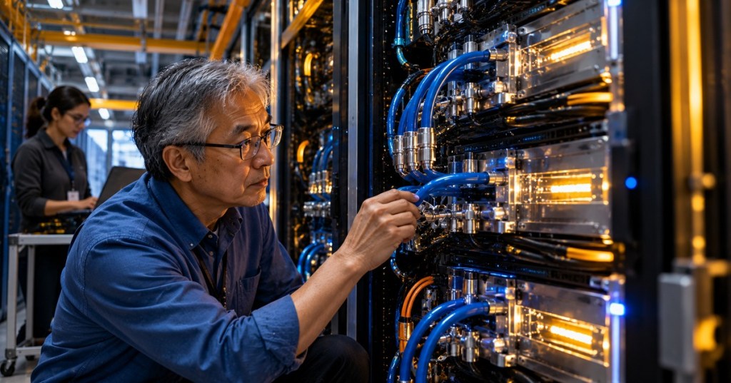 Photorealistic editorial illustration of a senior East Asian computing engineer examining cooling hardware beside server racks, with a colleague working behind him