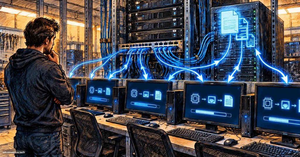 Comic-style IT lab illustration showing a technician using a network switch and server to boot several computers over Ethernet.