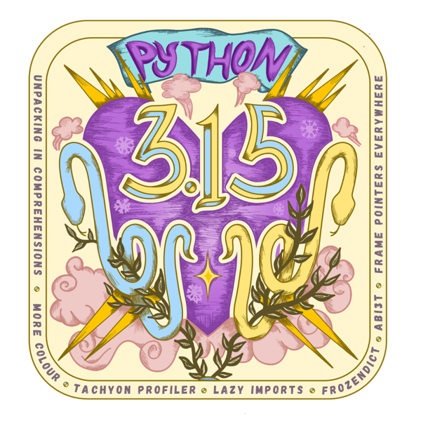 Official Python 3.15 release artwork with the 3.15 mark and Python-themed graphics.