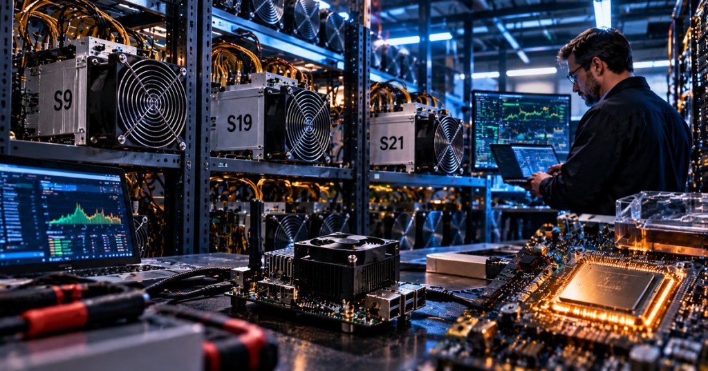 Conceptual editorial scene of S9, S19 and S21 mining equipment being tested in an engineering laboratory