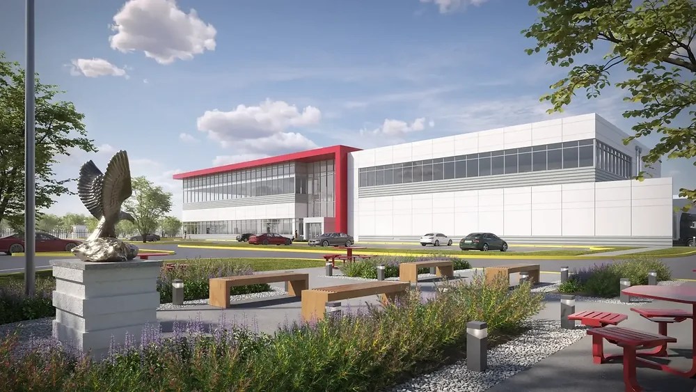 Architectural rendering of a modern white data center building with a red entrance and landscaped grounds
