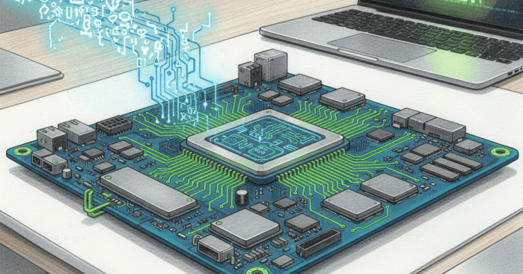 Qualcomm Snapdragon-class Arm-based laptop processor and Linux workstation representing the licensing dispute between Qualcomm and Arm