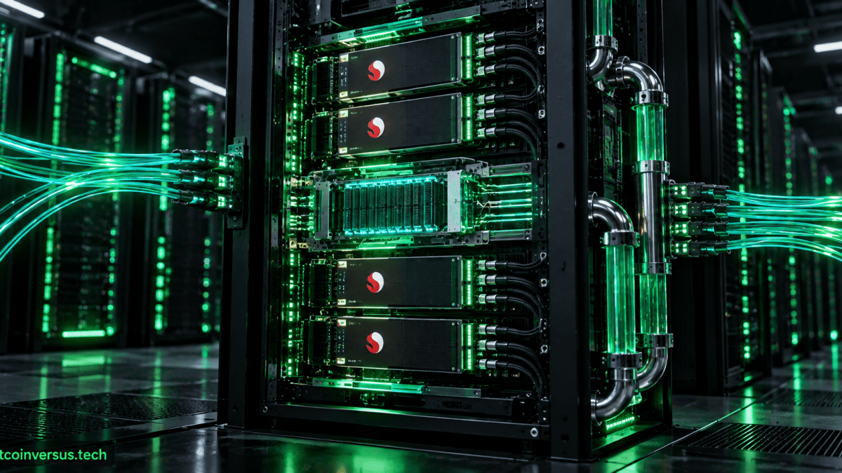 Qualcomm AI and data-center processor hardware representing the high-value chip business affected by Arm licensing terms