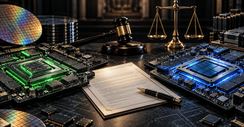 Semiconductor licensing dispute illustrated with opposing chip boards, legal contract, and scales of justice